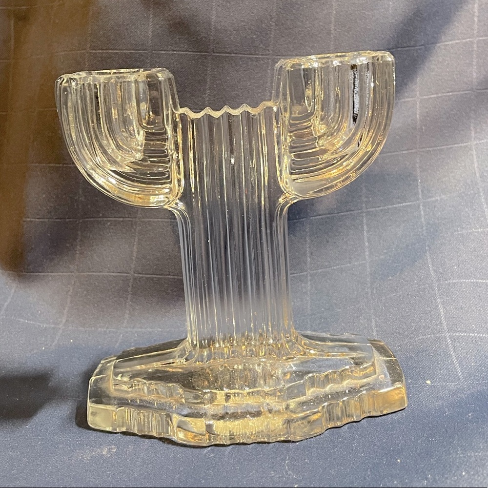 VTG Anchor Hocking ‘Queen Mary’ clear glass double light candlestick holder